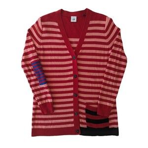 Cabi Sweater Womens Medium Cardigan Pink and Red Striped Picnic Button Down‎